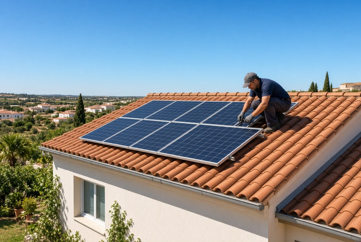 Instalación de placas solares en tejado en Albalat de la Ribera, Valencia